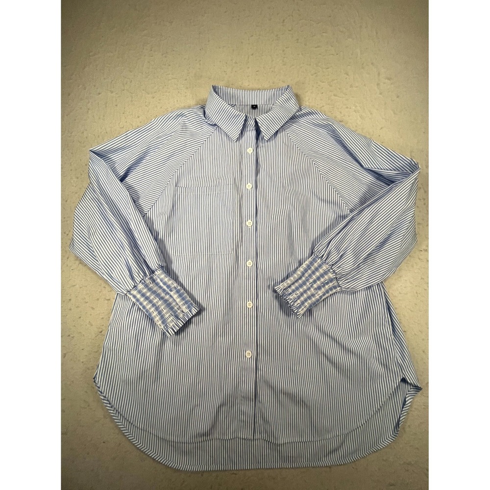 Women's Oversized Shirt M Blue White Striped Long Sleeve Smocked Cuffs Button Up